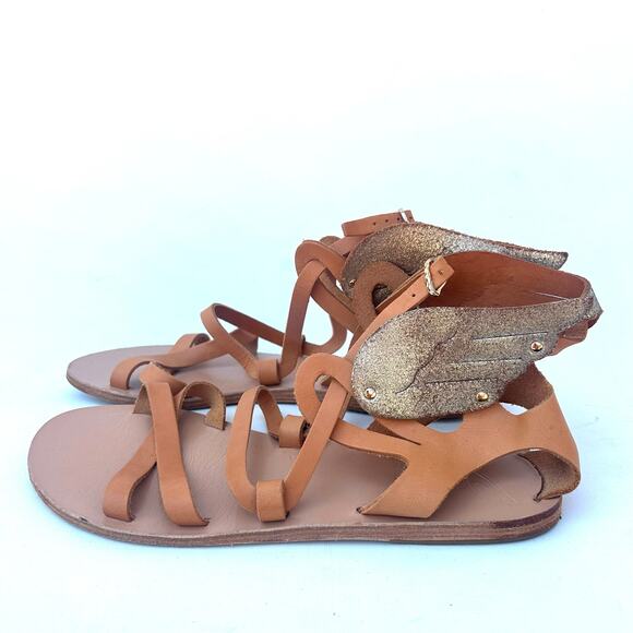 Ancient Greek Nephele Wing Leather Flats Sandals Gold Tan Platinum 41 Size 11 - Picture 7 of 12